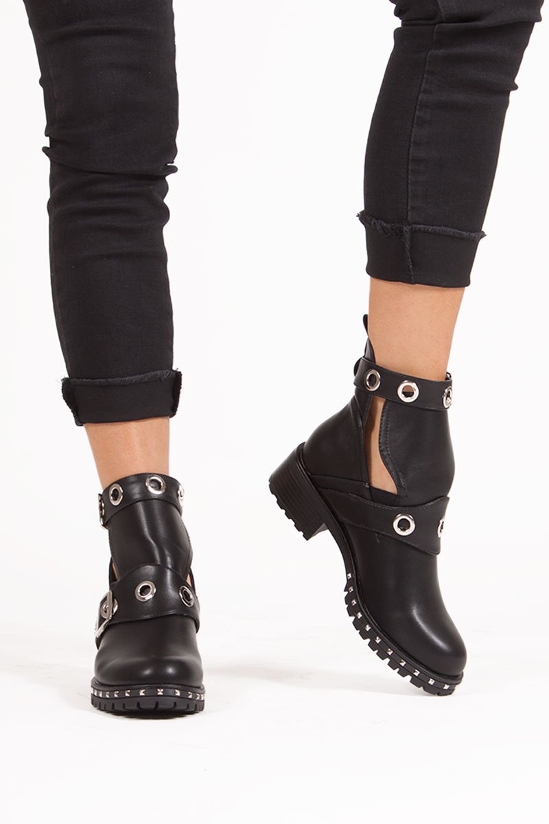 Ebony Black Eyelet Buckle Strap Boots