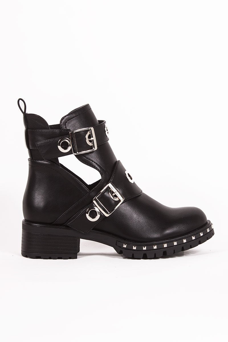 Ebony Black Eyelet Buckle Strap Boots