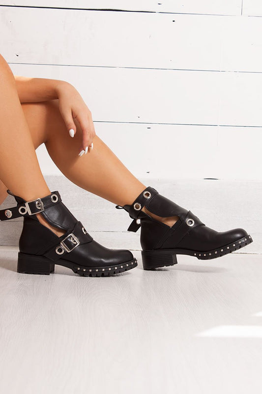 Ebony Black Eyelet Buckle Strap Boots