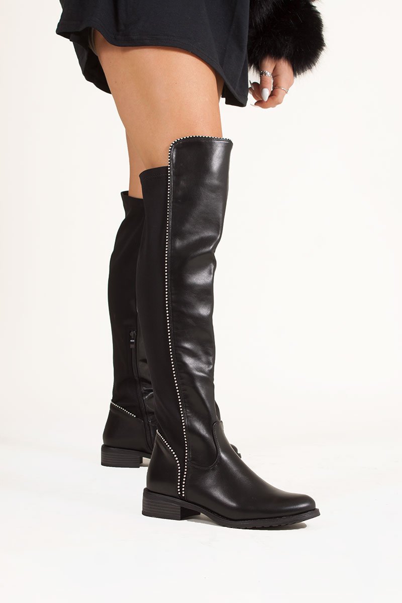 Eliana Black Faux Leather Silver Studded Flat Over The Knee Boots