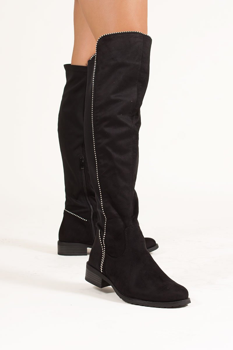 Eliana Black Faux Suede Silver Studded Flat Over The Knee Boots