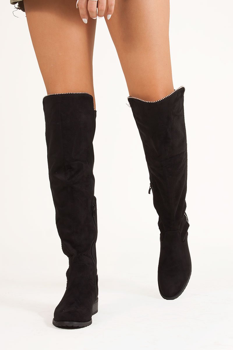 Eliana Black Faux Suede Silver Studded Flat Over The Knee Boots