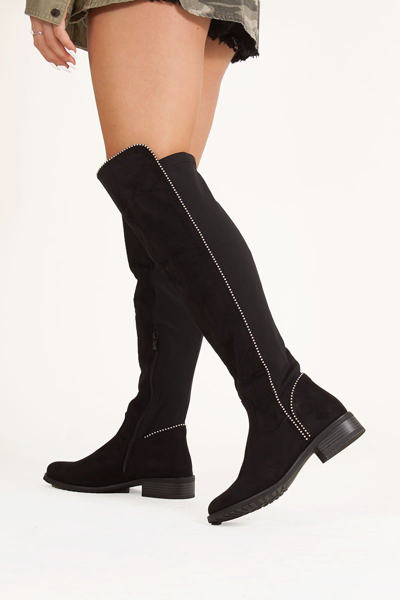 Eliana Black Faux Suede Silver Studded Flat Over The Knee Boots