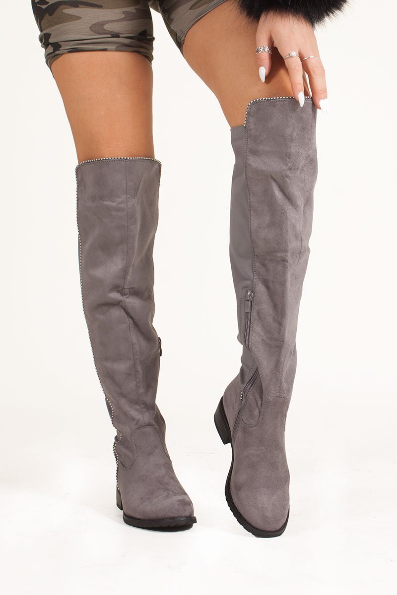 Eliana Grey Faux Suede Silver Studded Flat Over The Knee Boots