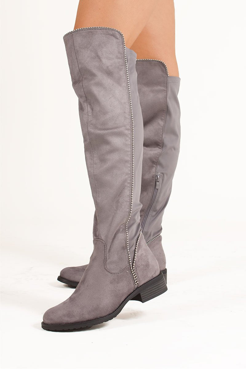 Eliana Grey Faux Suede Silver Studded Flat Over The Knee Boots