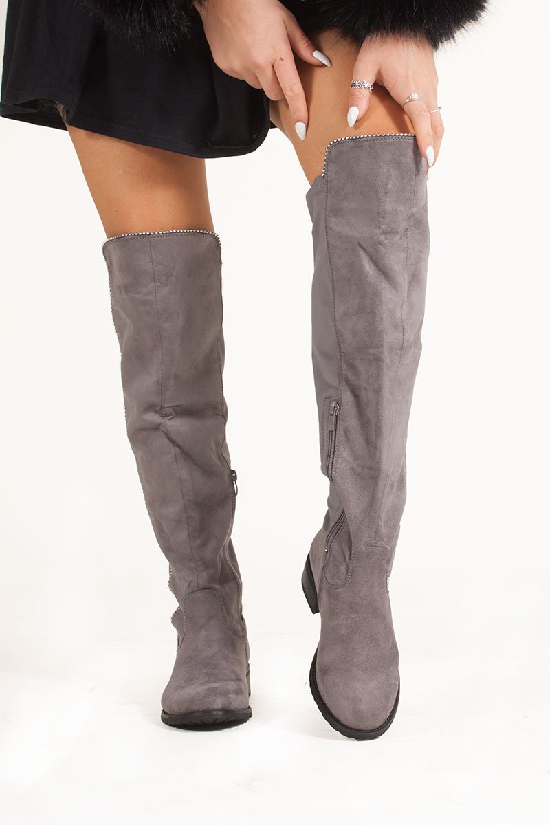 Eliana Grey Faux Suede Silver Studded Flat Over The Knee Boots