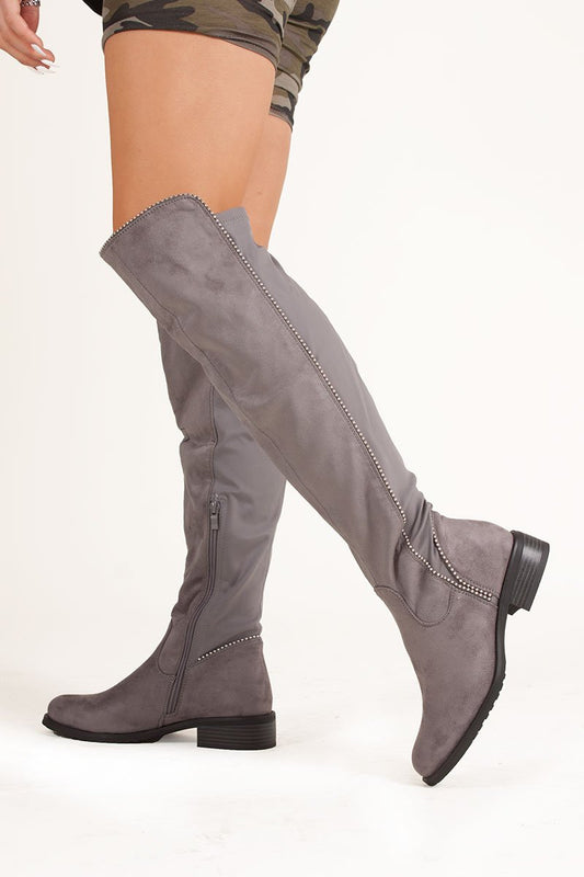 Eliana Grey Faux Suede Silver Studded Flat Over The Knee Boots