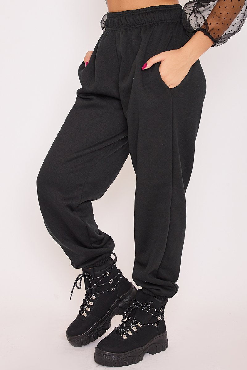 Elise Black Basic Cuffed Hem Casual Joggers