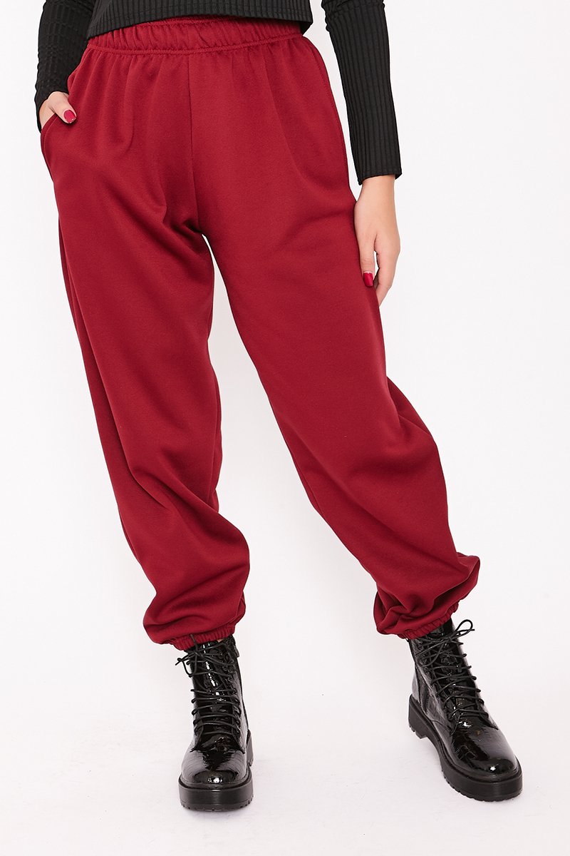 Elise Burgundy Basic Cuffed Hem Casual Joggers