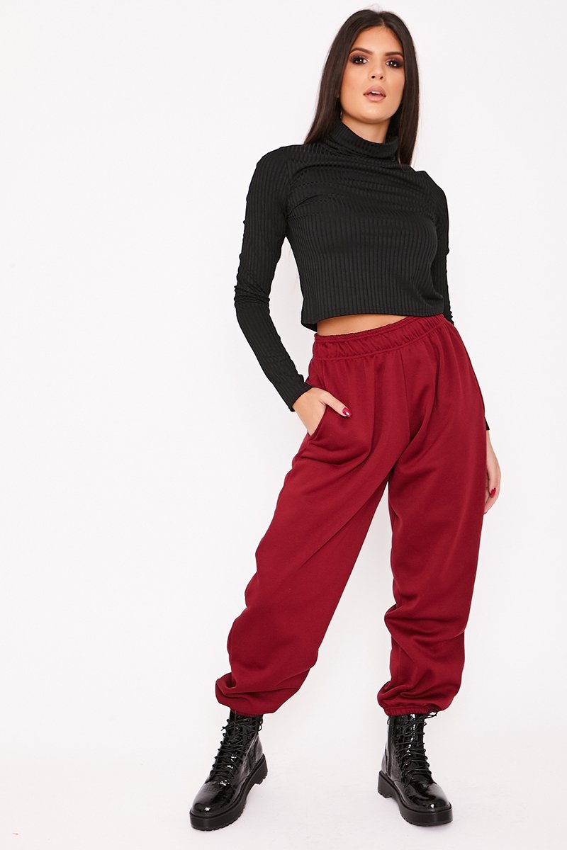 Elise Burgundy Basic Cuffed Hem Casual Joggers