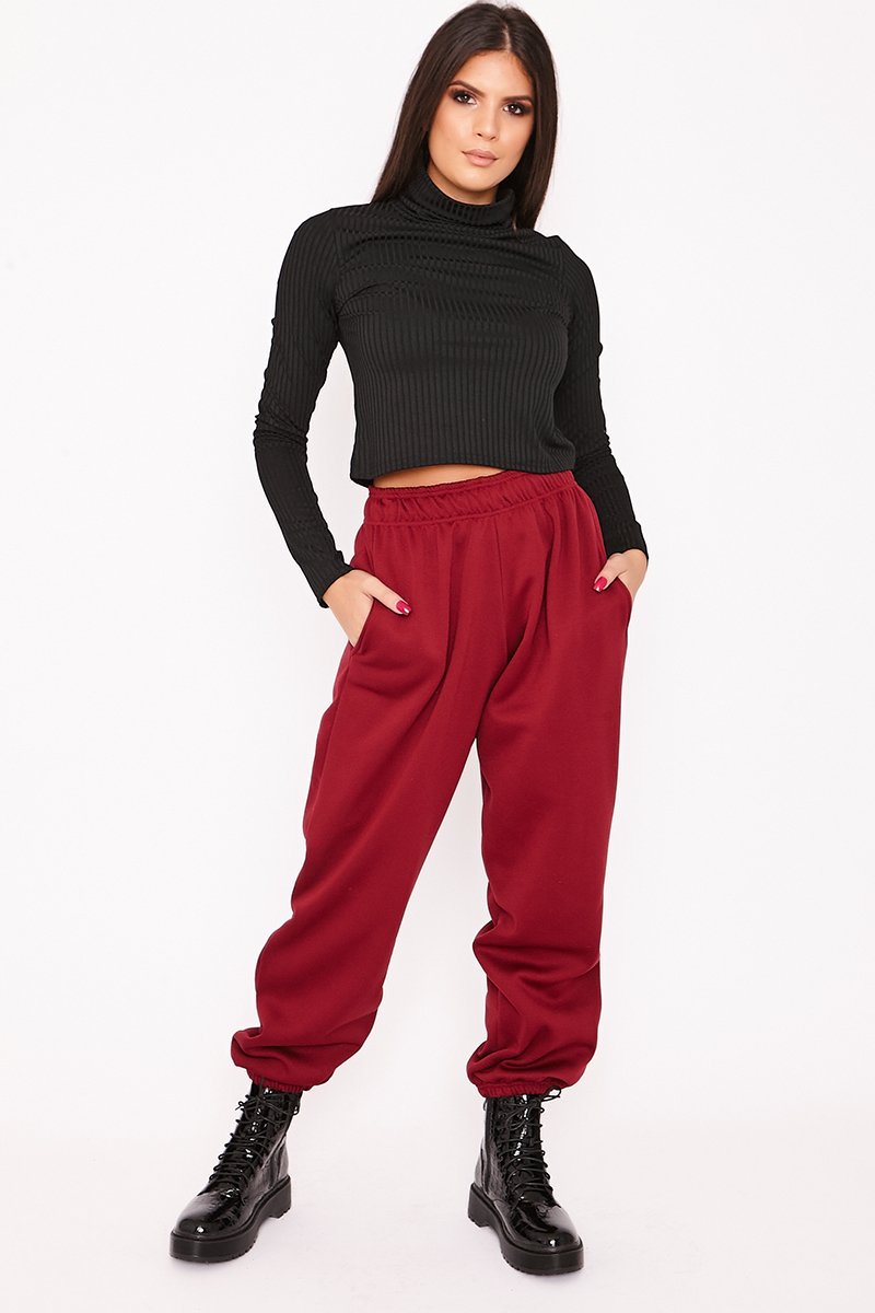 Elise Burgundy Basic Cuffed Hem Casual Joggers