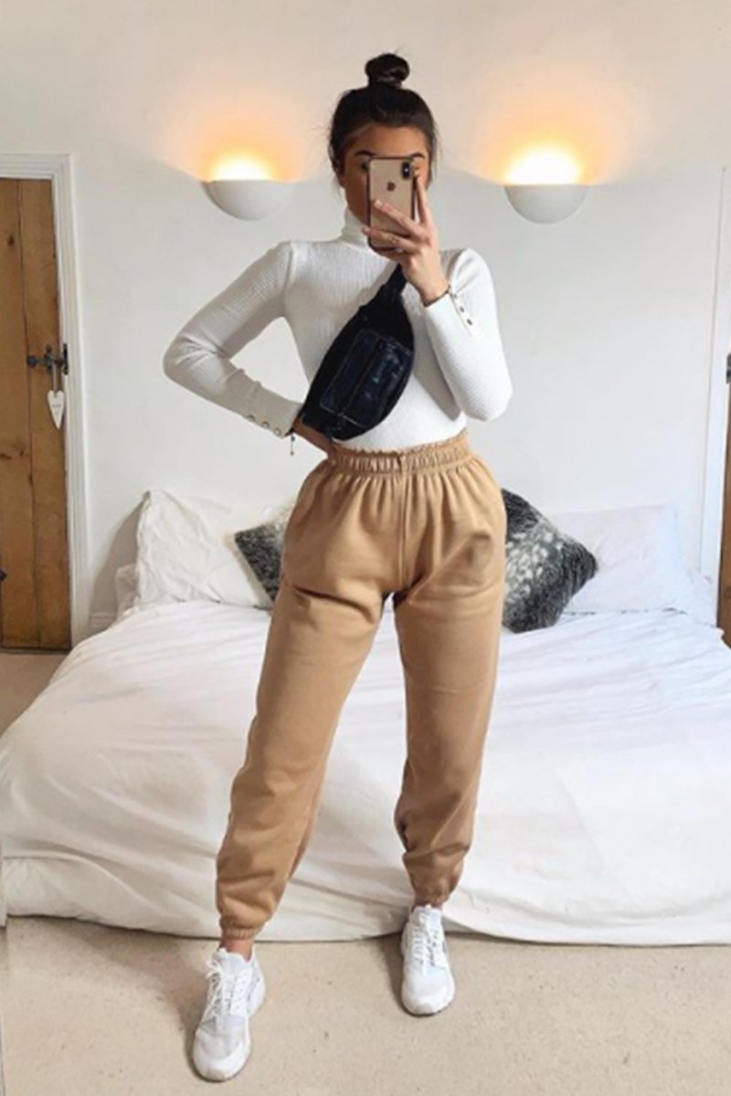 Elise Camel Basic Cuffed Hem Casual Joggers