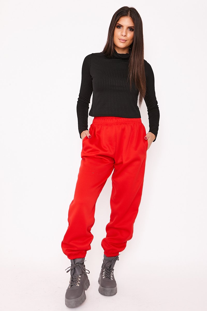 Elise Red Basic Cuffed Hem Casual Joggers