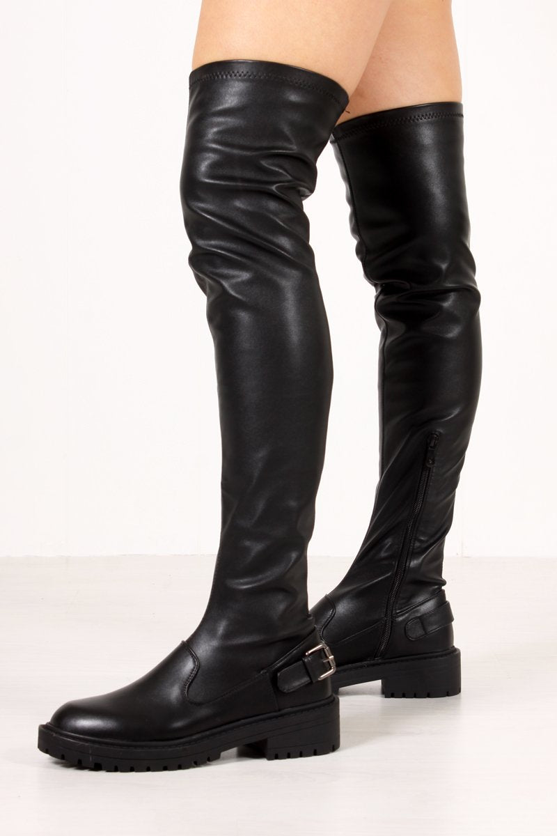 Eliza Black Faux Leather Buckle Strap Flat Over The Knee Boots