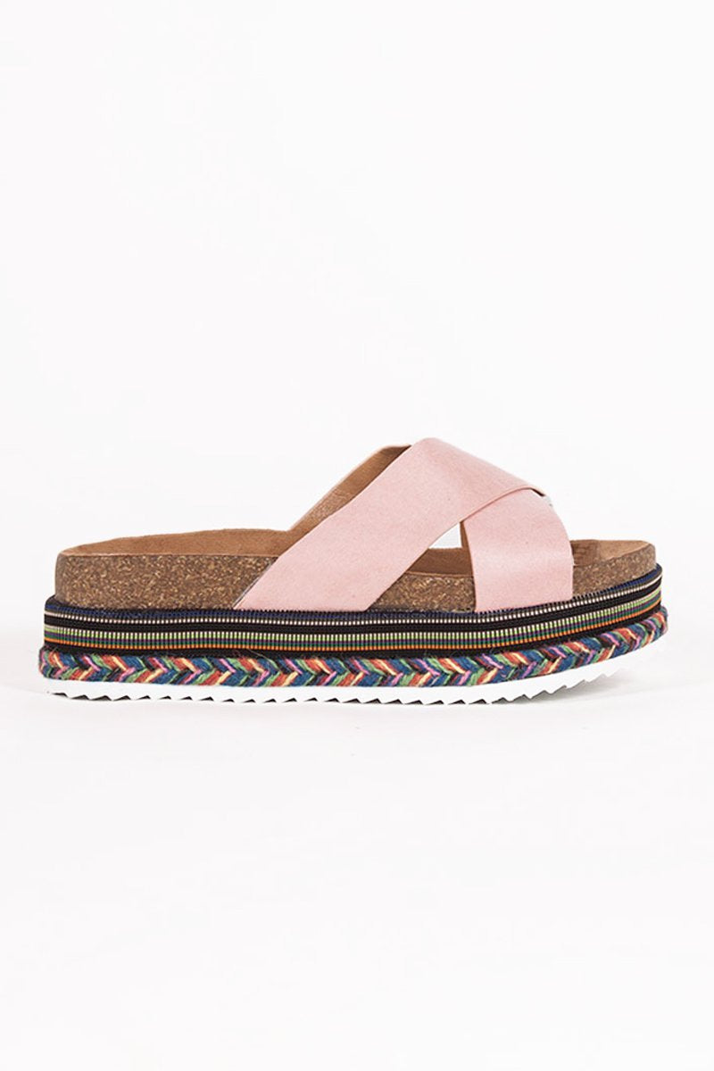 Ella Pink Cross Strap Aztec Flatforms