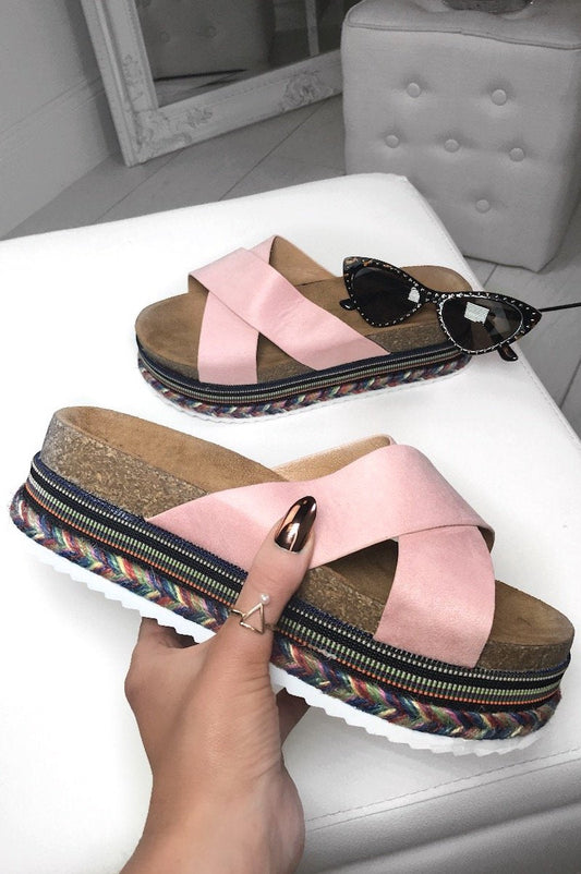 Ella Pink Cross Strap Aztec Flatforms