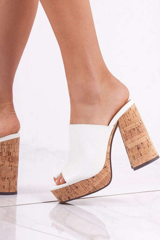 Elle White Faux Leather Cork Block Heeled Platform Mules