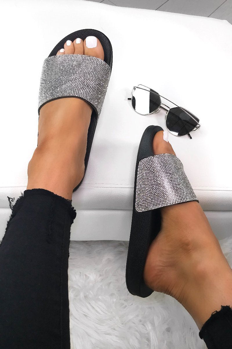 Ellie Black Diamante Sliders