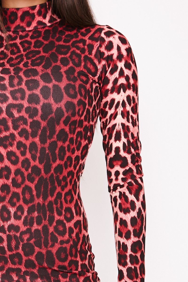 Ellie Red Leopard Print High Neck Bodycon Dress