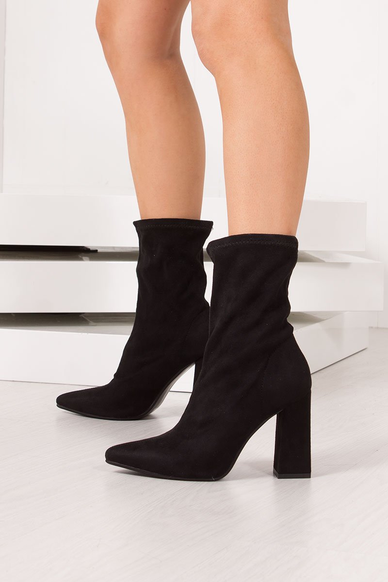 Elsa Black Faux Suede Block Heel Sock Boots