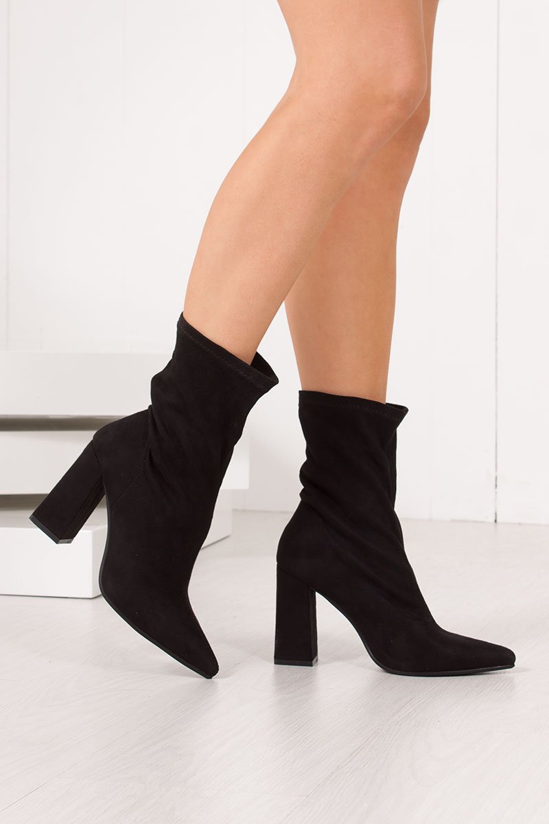 Elsa Black Faux Suede Block Heel Sock Boots