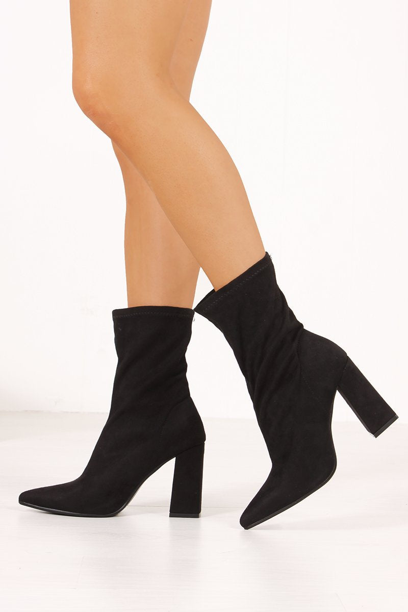 Elsa Black Faux Suede Block Heel Sock Boots