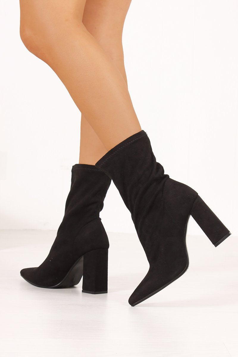 Elsa Black Faux Suede Block Heel Sock Boots