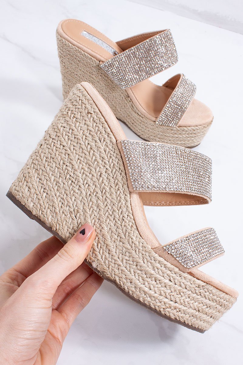 Elsie Nude Double Strap Diamante Detail Espadrille Mule Wedges