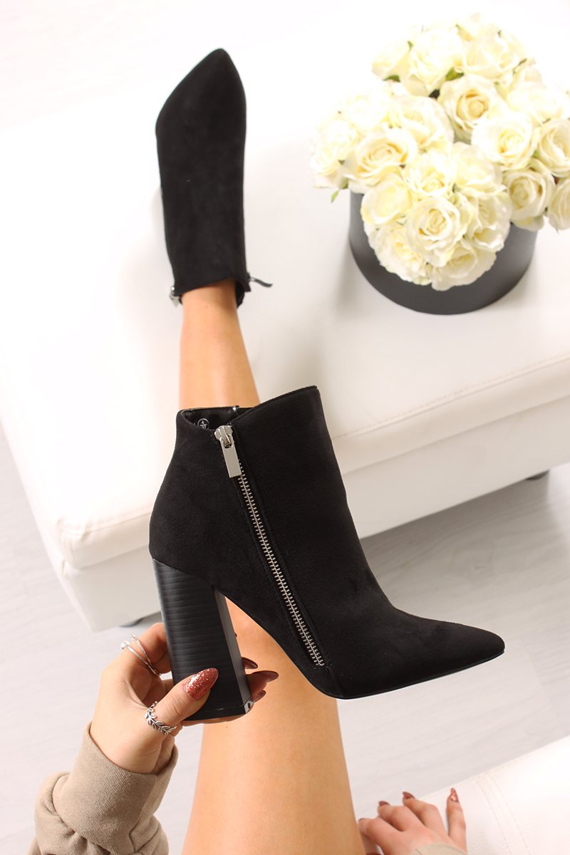 Erica Black Faux Suede Block Heel Ankle Boots