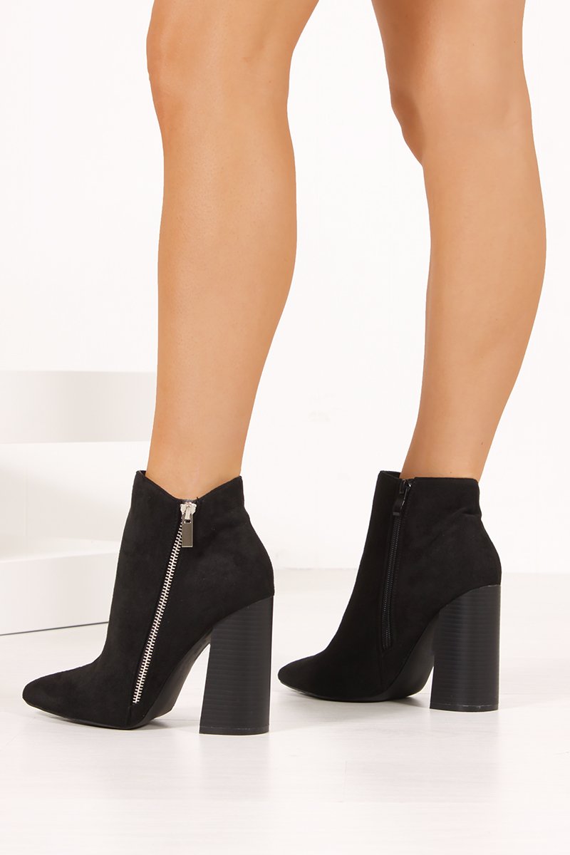 Erica Black Faux Suede Block Heel Ankle Boots