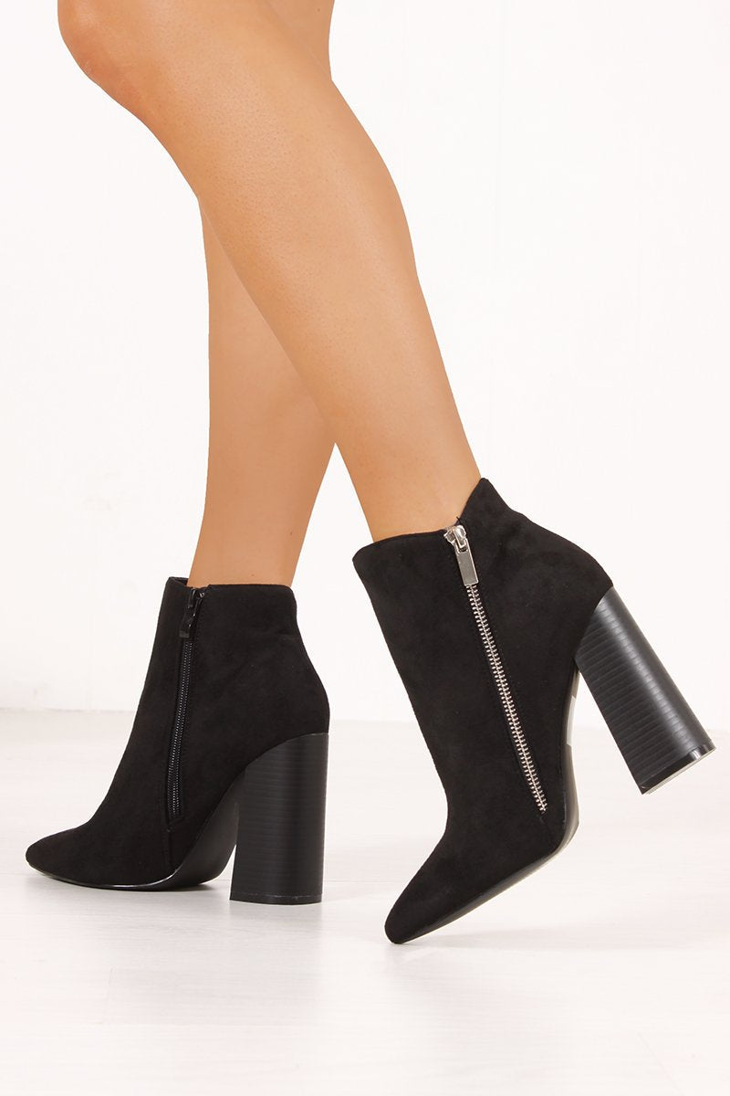 Erica Black Faux Suede Block Heel Ankle Boots