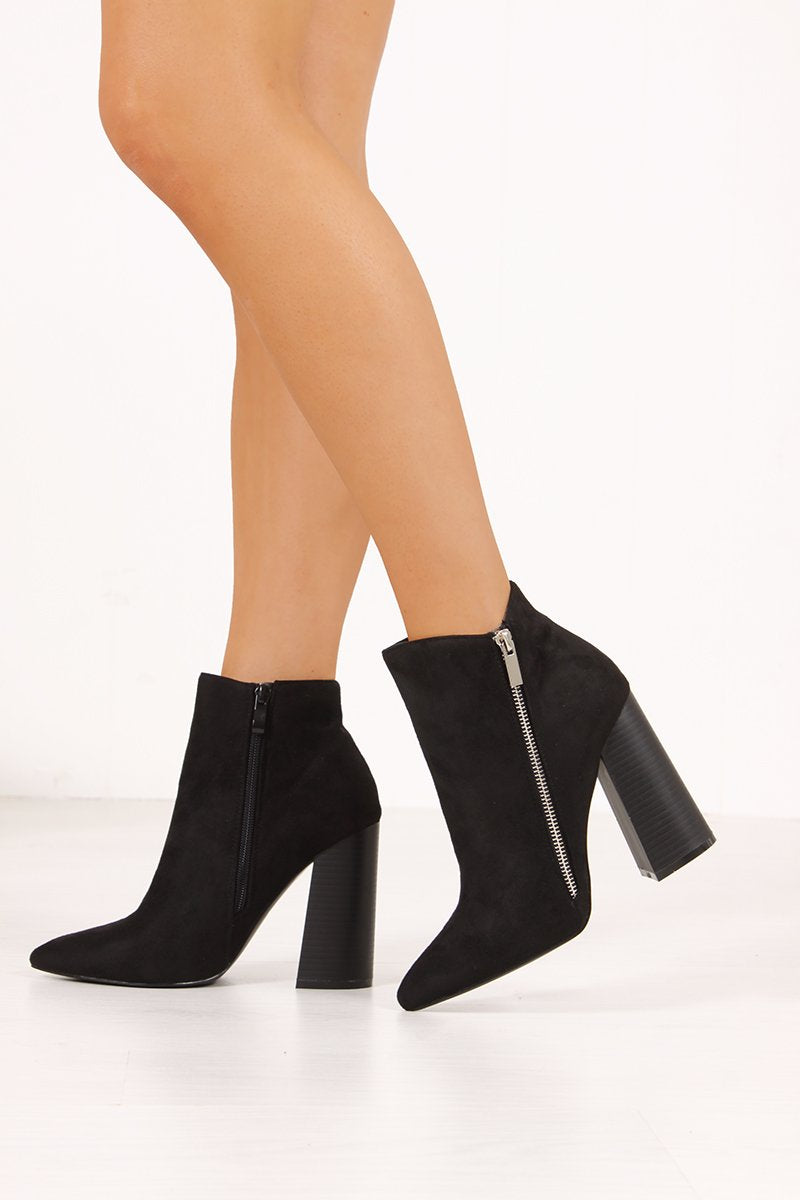 Erica Black Faux Suede Block Heel Ankle Boots