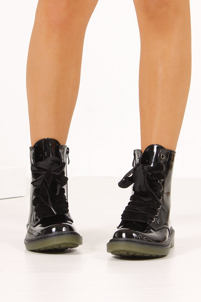 Erin Black High Shine Velvet Lace Ankle Boots