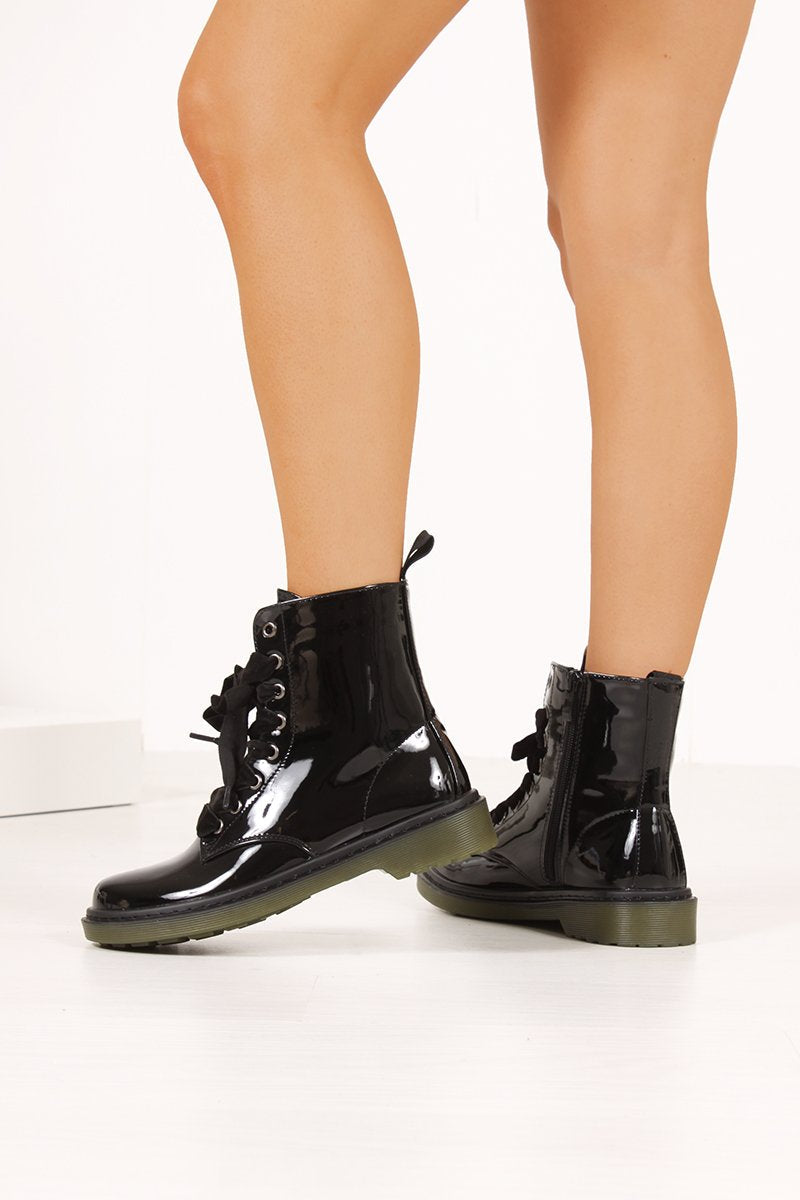 Erin Black High Shine Velvet Lace Ankle Boots