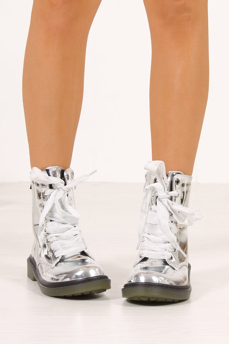 Erin Silver High Shine Metallic Velvet Lace Ankle Boots