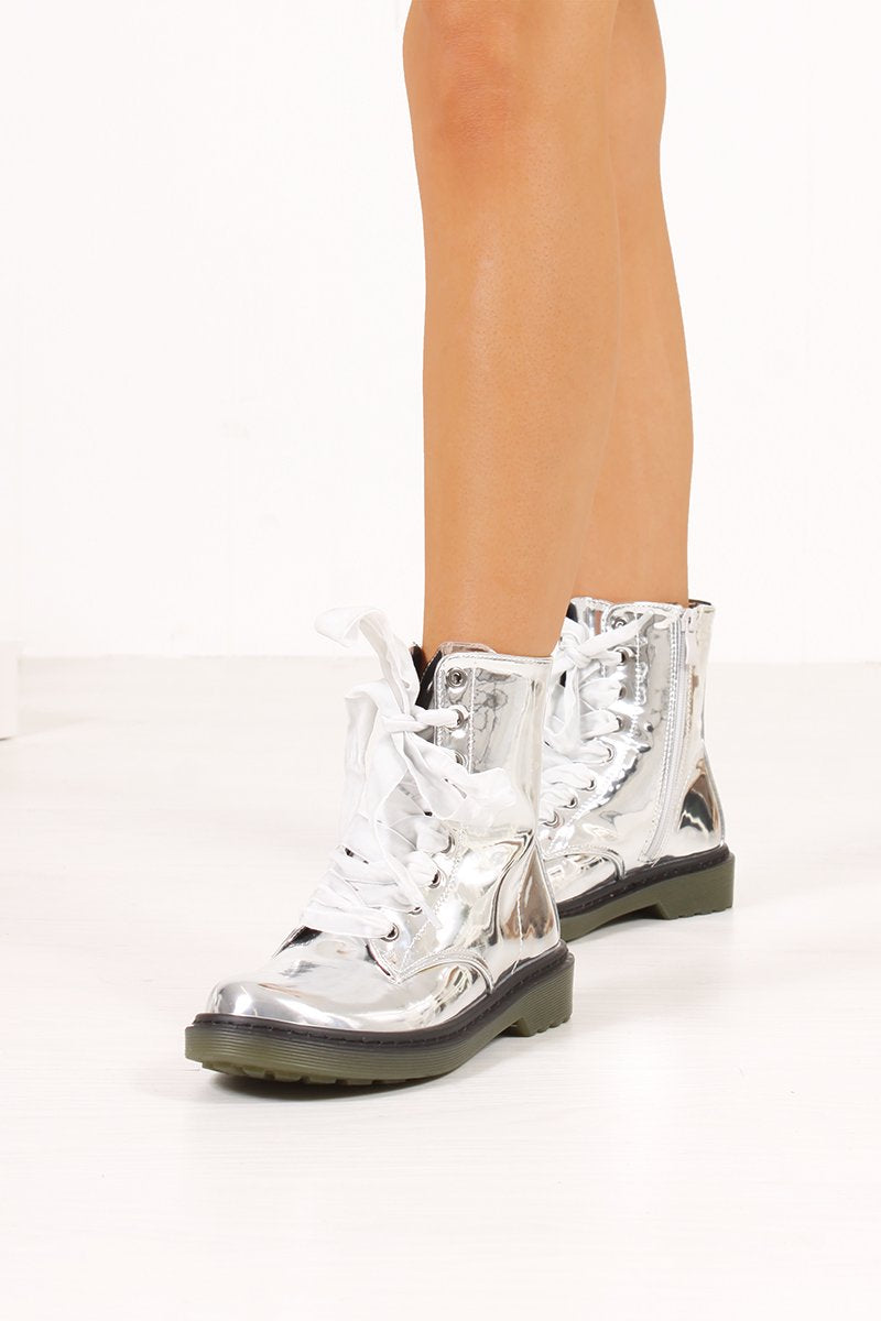 Erin Silver High Shine Metallic Velvet Lace Ankle Boots