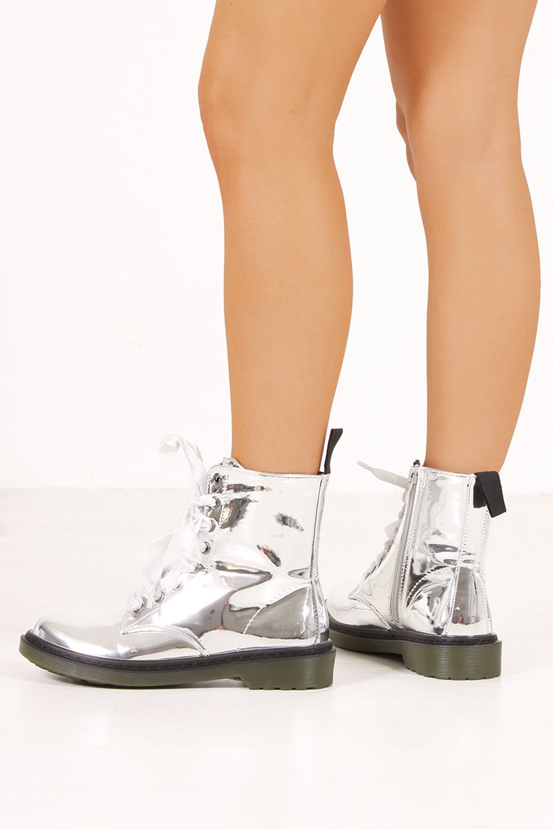 Erin Silver High Shine Metallic Velvet Lace Ankle Boots