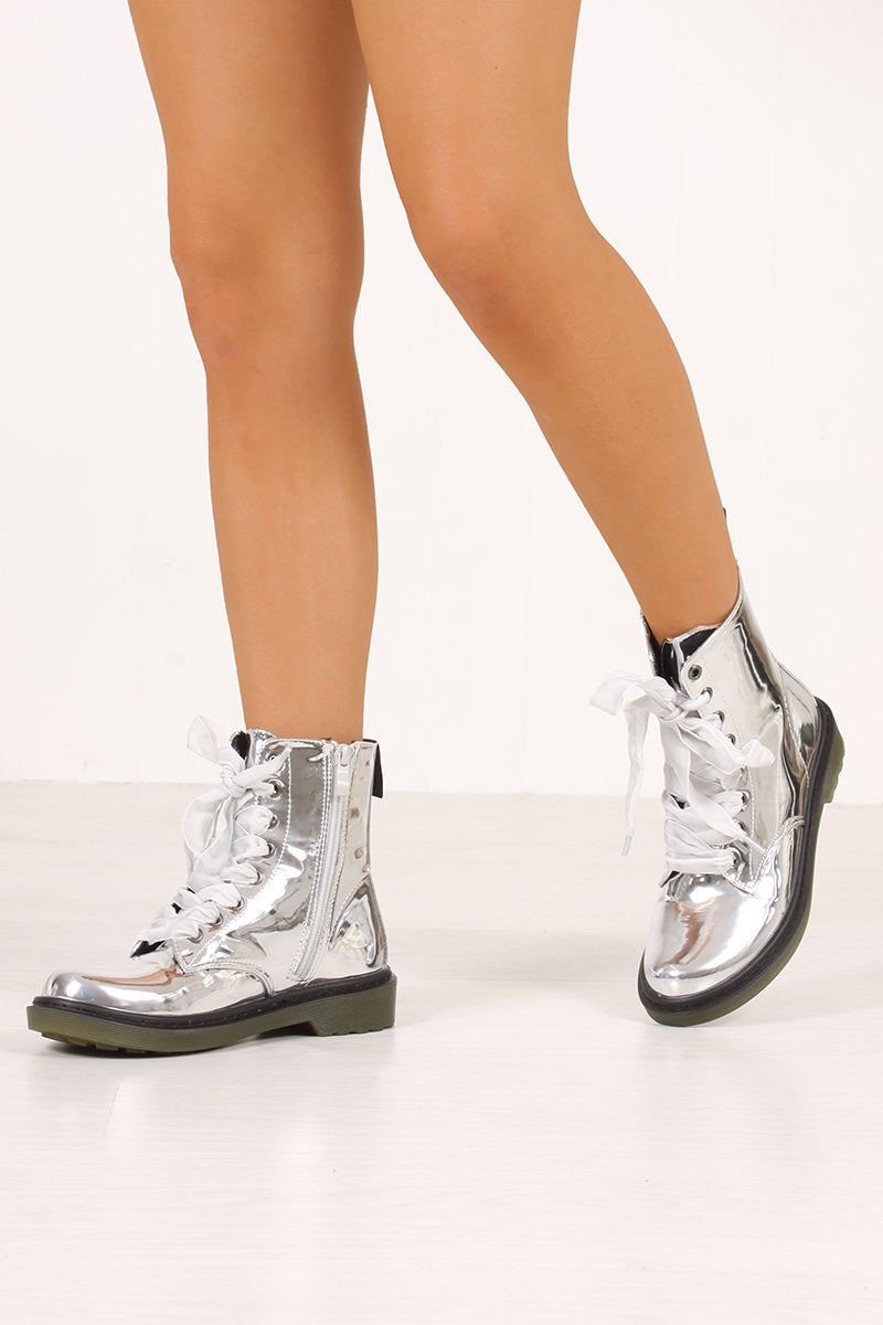 Erin Silver High Shine Metallic Velvet Lace Ankle Boots