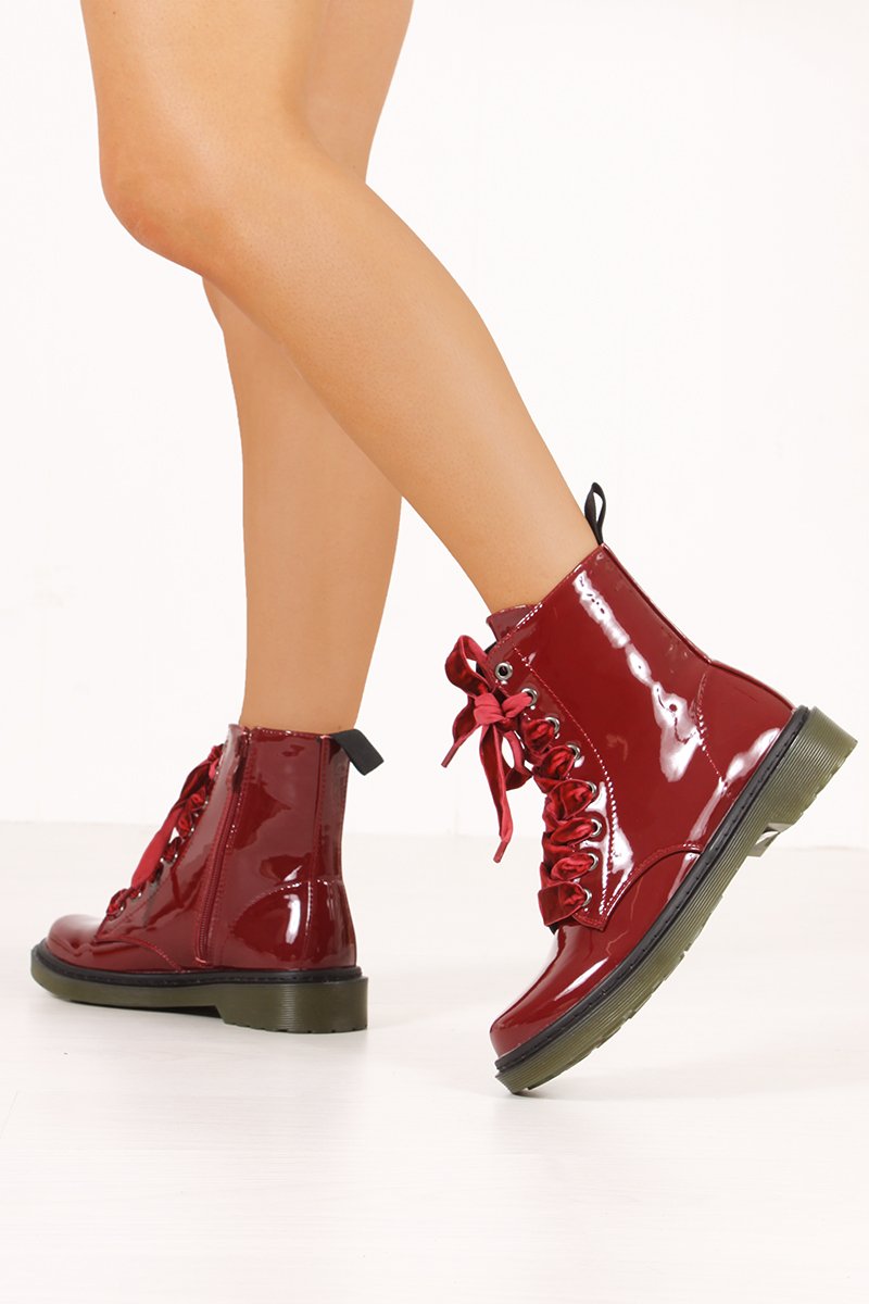 Erin Wine High Shine Velvet Lace Ankle Boots