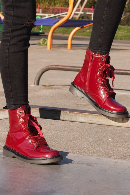 Erin Wine High Shine Velvet Lace Ankle Boots