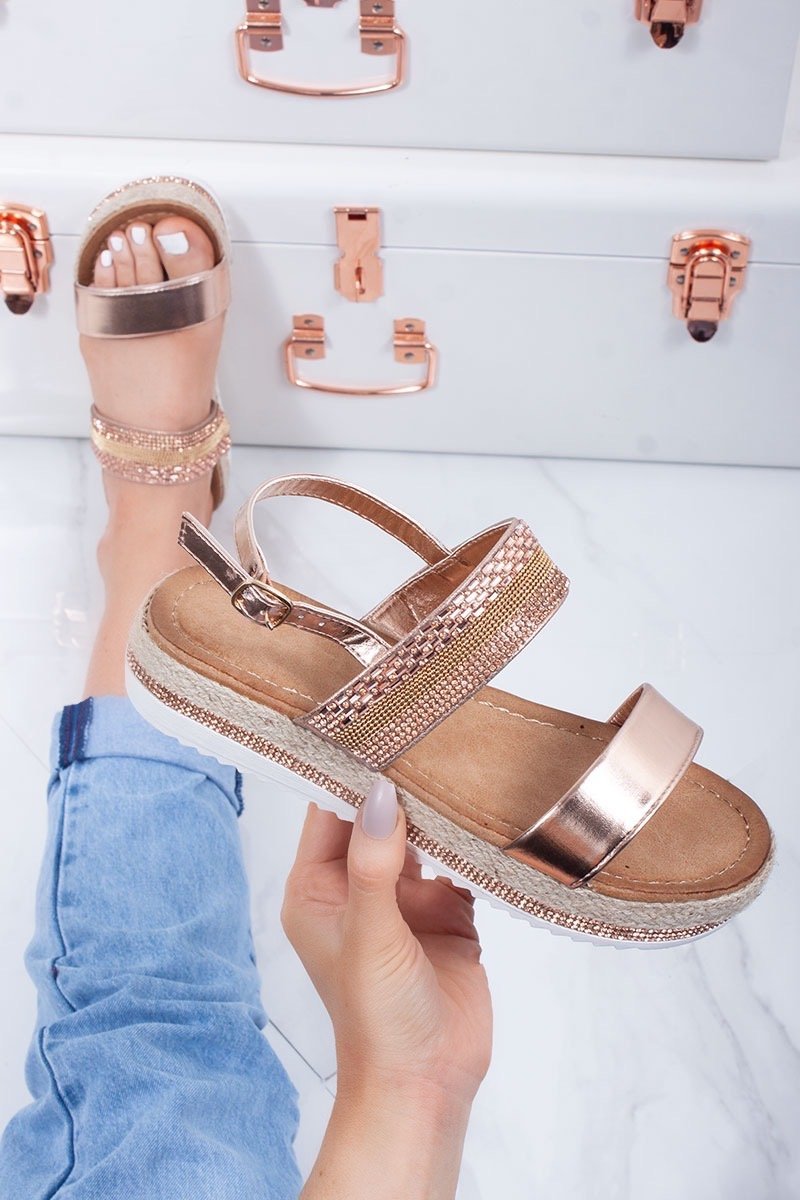 Esmae Rose Gold Diamante Strap Espadrille Flatform Sandals