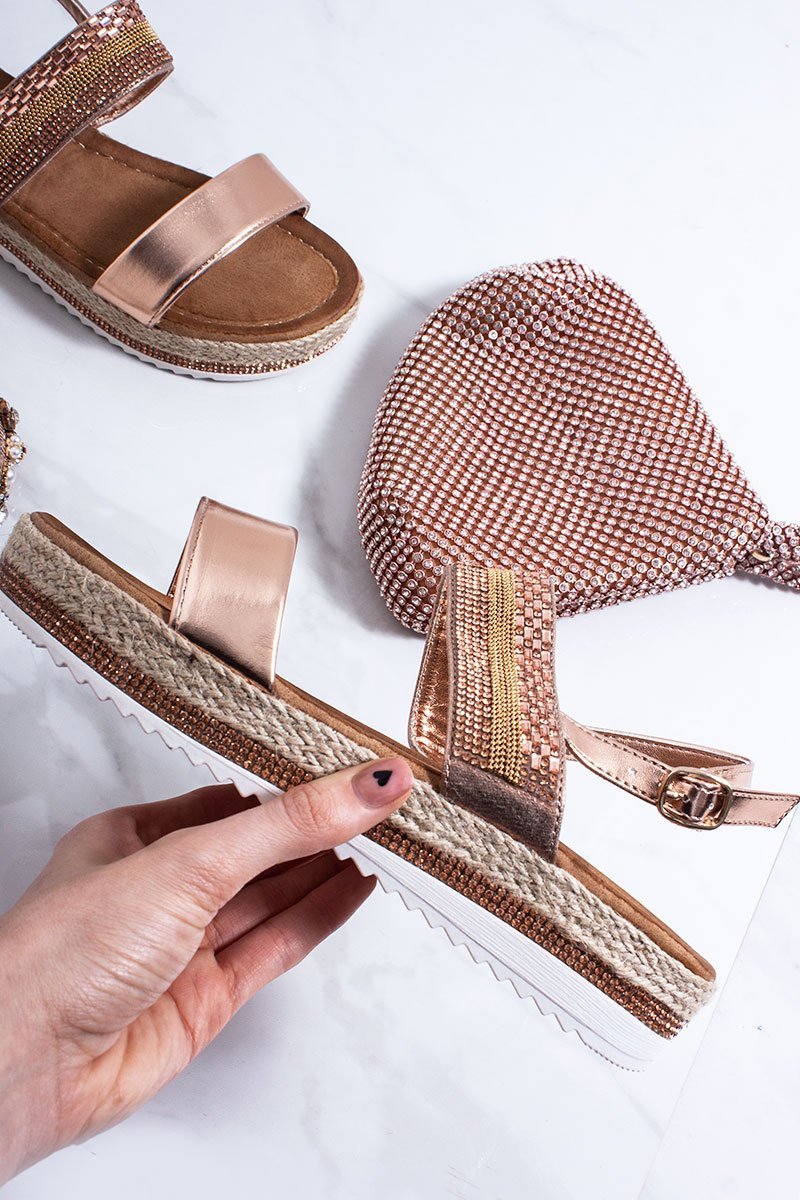 Esmae Rose Gold Diamante Strap Espadrille Flatform Sandals