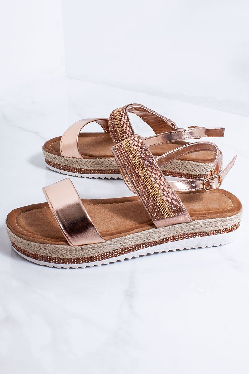 Esmae Rose Gold Diamante Strap Espadrille Flatform Sandals