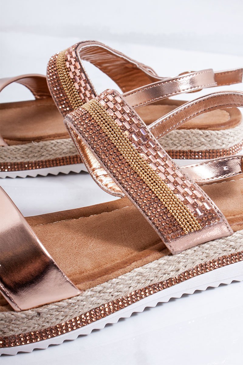 Esmae Rose Gold Diamante Strap Espadrille Flatform Sandals