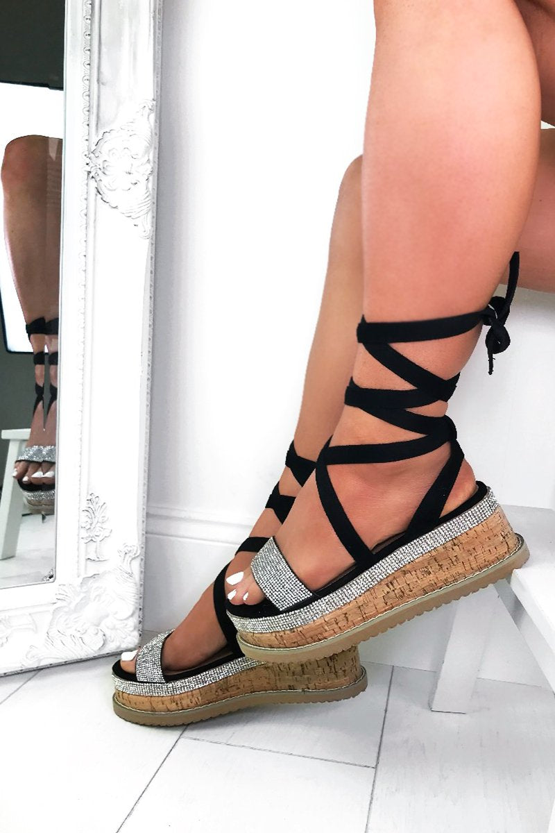 Esme Black Diamante Wrap Up Flatforms