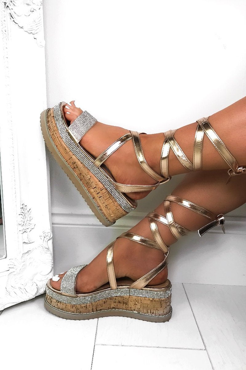 Esme Rose Gold Diamante Wrap Up Flatforms