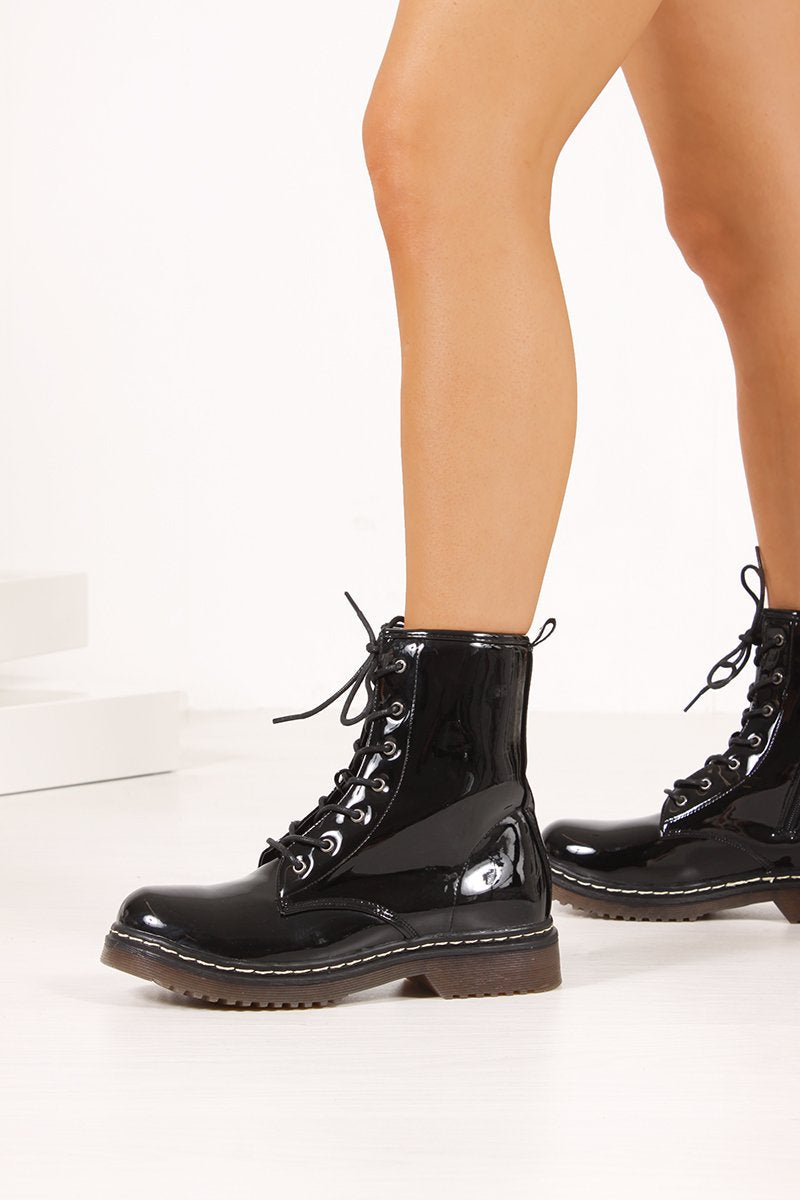 Eva Black High Shine Lace Up Ankle Boots