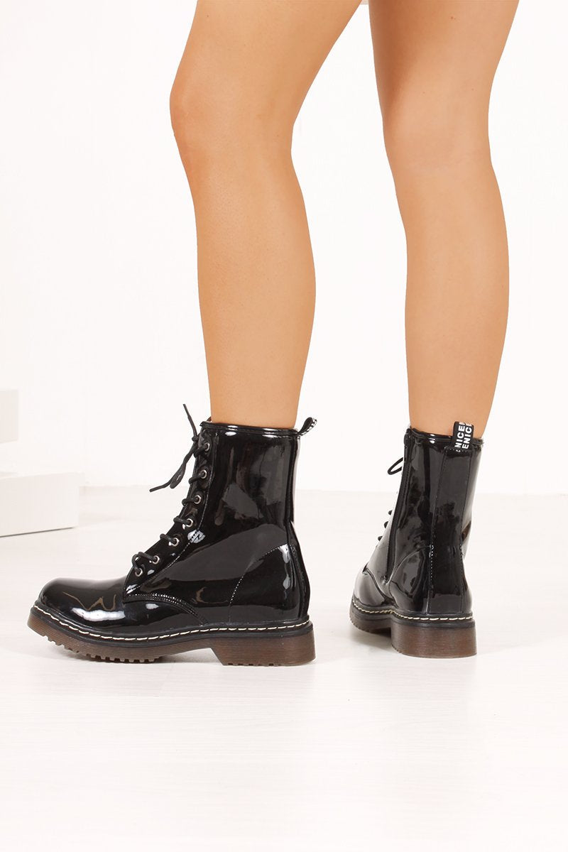 Eva Black High Shine Lace Up Ankle Boots