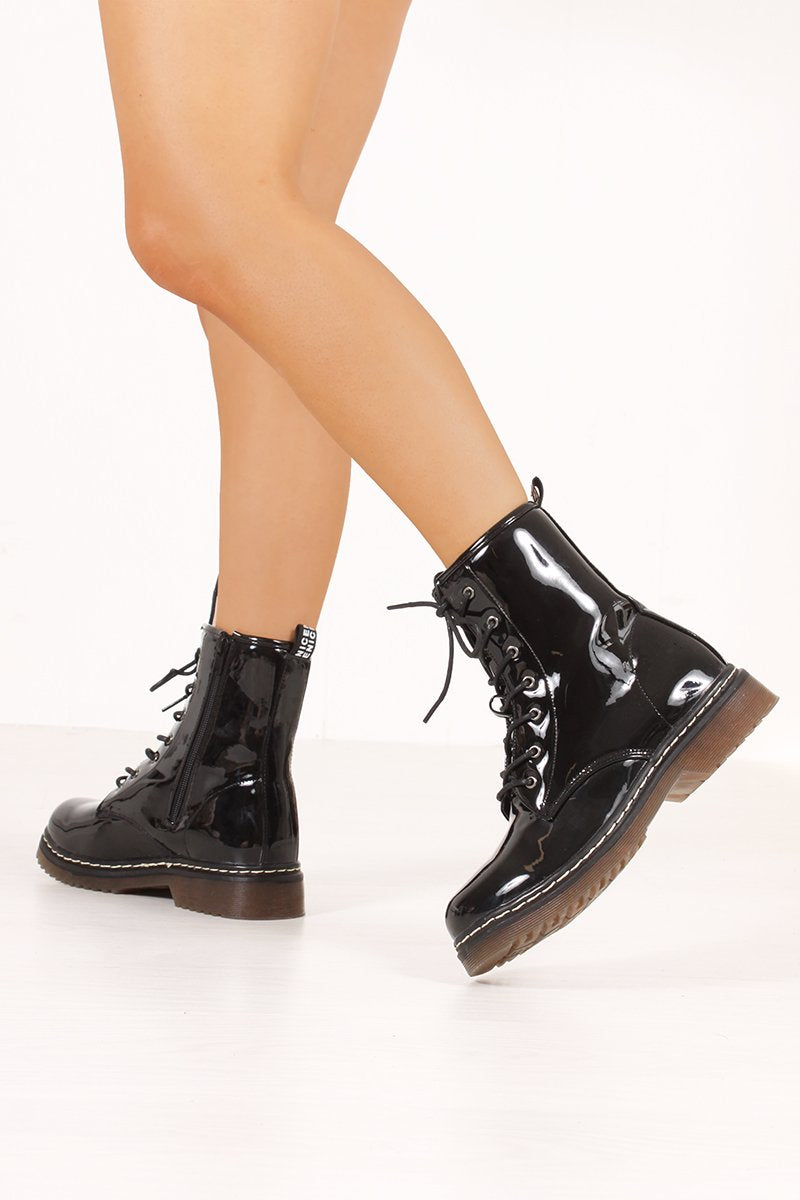 Eva Black High Shine Lace Up Ankle Boots