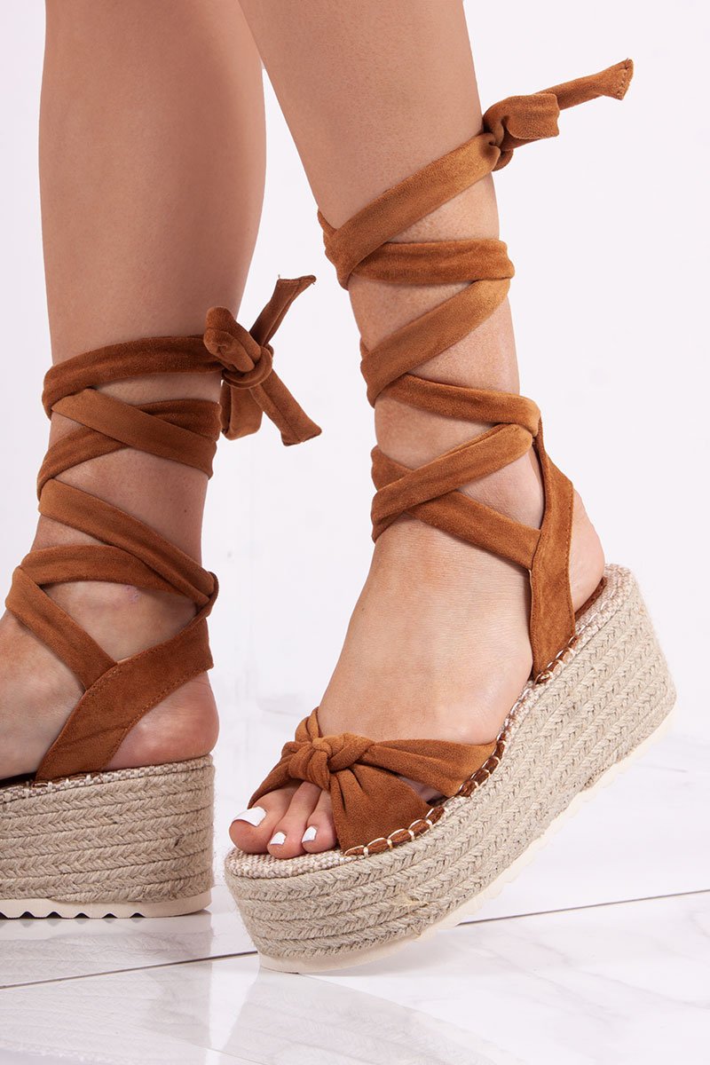 Evie Camel Faux Suede Knot Detail Wrap Up Espadrille Flatform Sandals